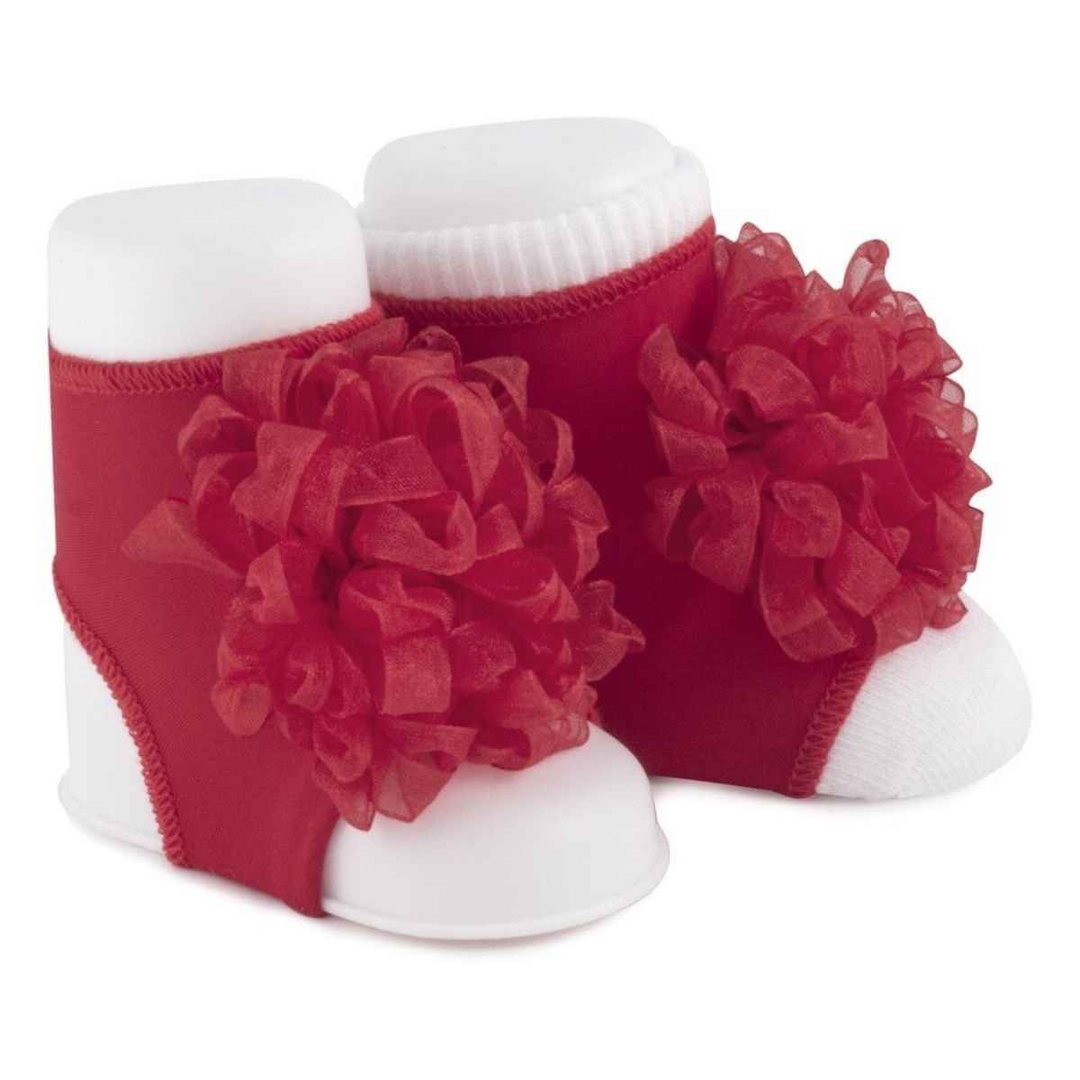 Abigail Infant Red Peep Toe Socks with Pom Poms - Kids Shoe Box