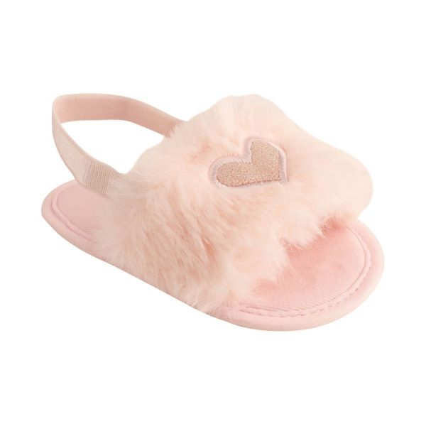 Kimberly Pink Faux-Fur Slide Slippers with Iridescent Heart
