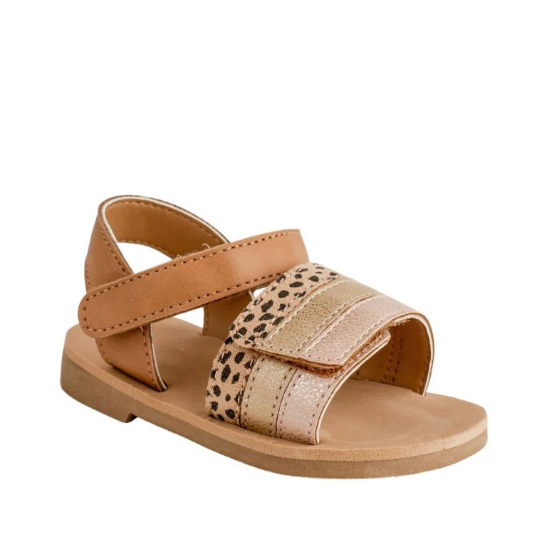 Ashlee Toddler Tan PU Double Closure Sandal with Blush Champagne and Cheetah Trim