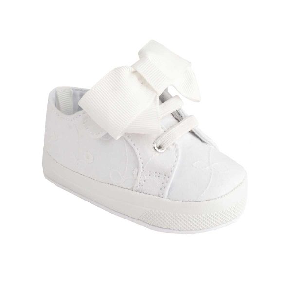 ANGEL Infant White Eyelet Sneaker with Elastic Hook-and-Loop Strap/Oversized Bow