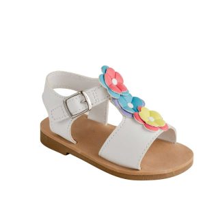 Tammy Toddler White PU T-Strap Sandal with White Flowers