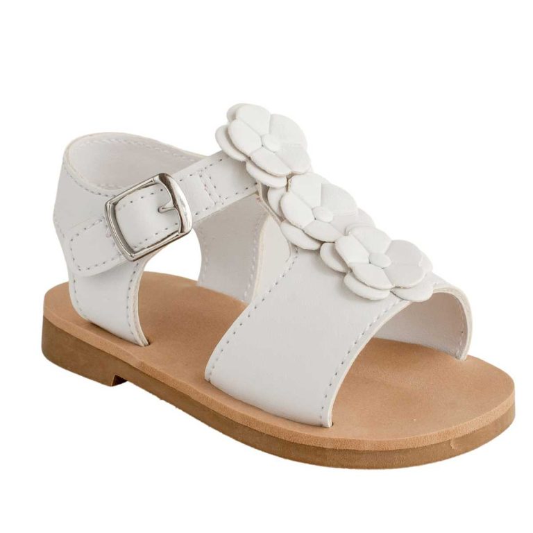 Tammy Toddler White PU T-Strap Sandal with White Flowers