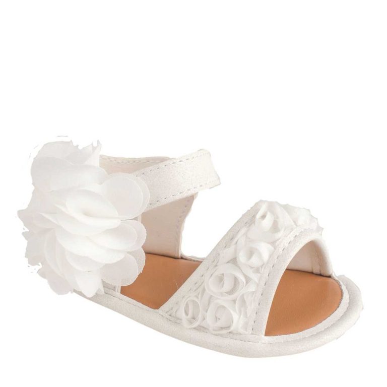 Tiffany Infant White PU Sandal w/dimensional flower fabric, chiffon flower