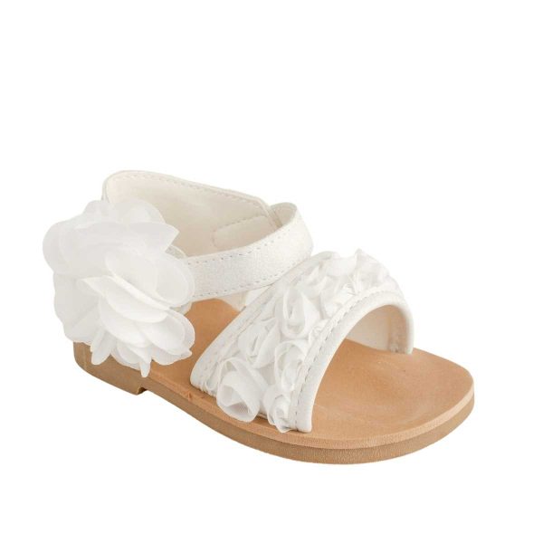 Tiffany Toddler White PU Sandal w/dimensional flower fabric, chiffon flower