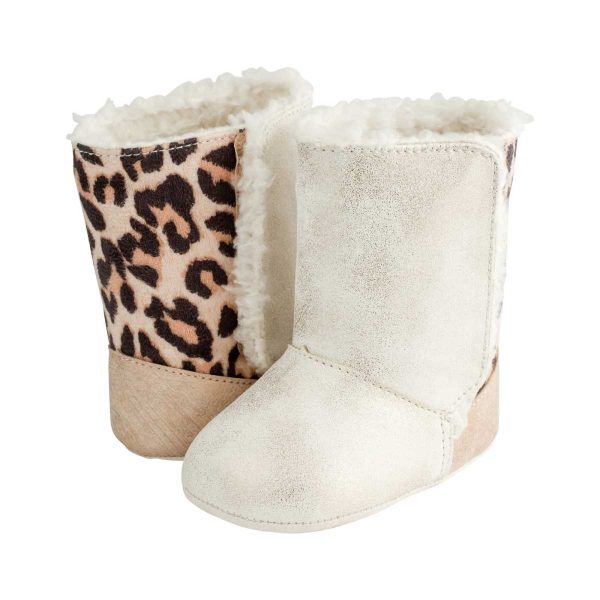 AUTUMN Infant Ivory Shimmer w/Animal Print Boot w/Sherpa Trim