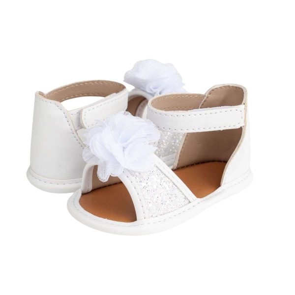 ALEXIS Infant White/Silver Ankle Strap Glitter Sandal with Sheer Flower