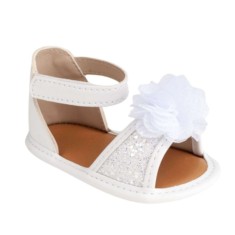 ALEXIS Infant White/Silver Ankle Strap Glitter Sandal with Sheer Flower