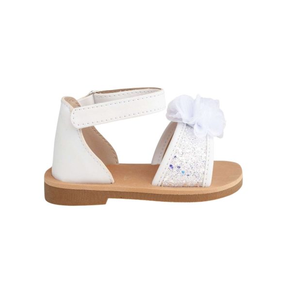 ALEXIS Toddler White/Silver Ankle Strap Glitter Sandal with Sheer Flower -1