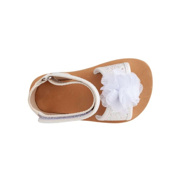 ALEXIS Toddler White/Silver Ankle Strap Glitter Sandal with Sheer Flower -5