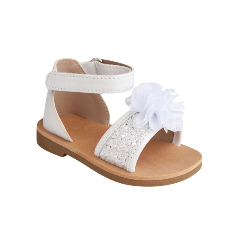 ALEXIS Toddler White/Silver Ankle Strap Glitter Sandal with Sheer Flower