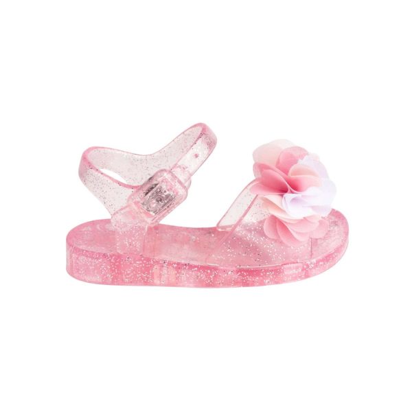 CLARICE Toddler Pink Glitter Jelly Sandal w/White/Pink Sheer Flowers -1