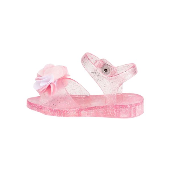 CLARICE Toddler Pink Glitter Jelly Sandal w/White/Pink Sheer Flowers -4