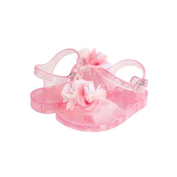 CLARICE Toddler Pink Glitter Jelly Sandal w/White/Pink Sheer Flowers -6