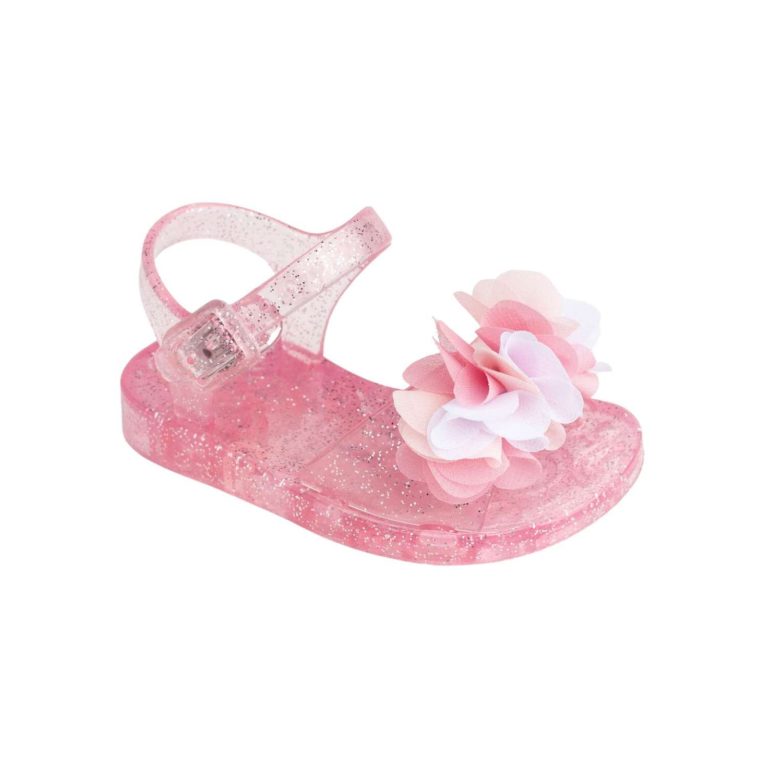 CLARICE Toddler Pink Glitter Jelly Sandal w/White/Pink Sheer Flowers