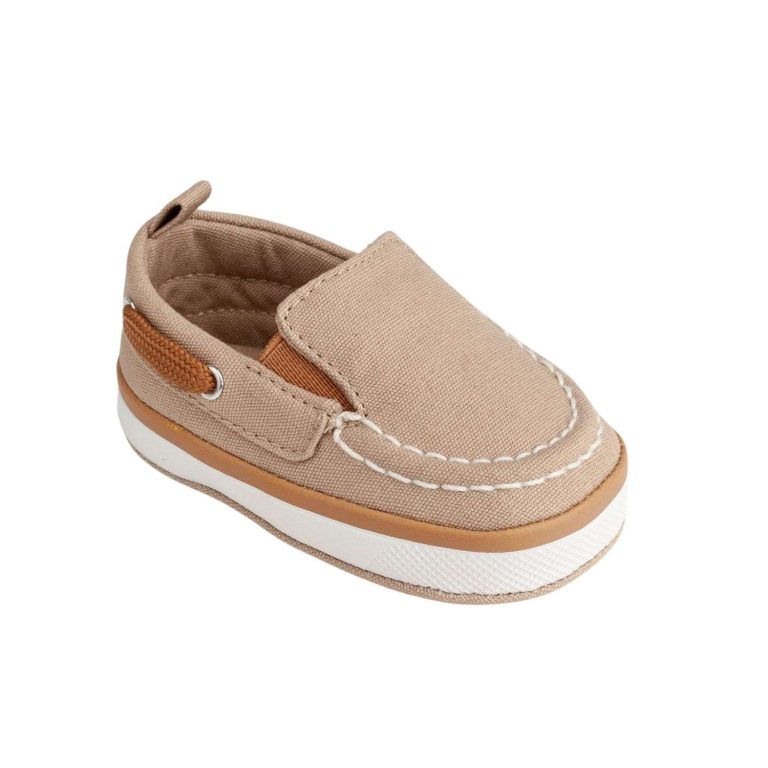 DAX Infant Tan Canvas Slip-On Boat Shoe with Brown Trim