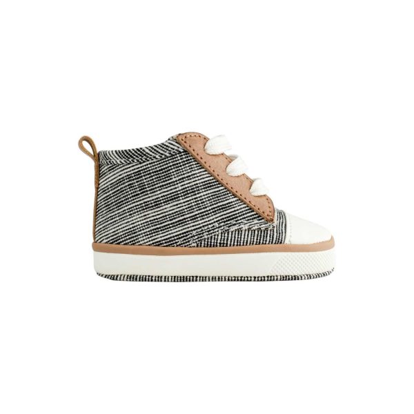 <span>Aaron</span> Infant Black Distressed Woven Fabric w/Brown PU Trim  Hi-Top Lace-up Sneaker - Image 4