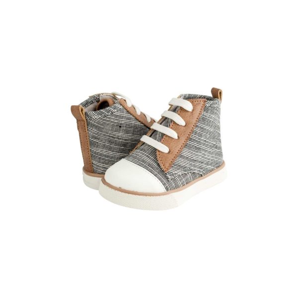 <span>Aaron </span> Toddler Black Distressed Woven Farbric Hi-Top w/Brown PU Trim - Image 3