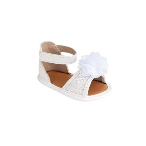 ALEXIS Infant White/Silver Ankle Strap Glitter Sandal with Sheer Flower