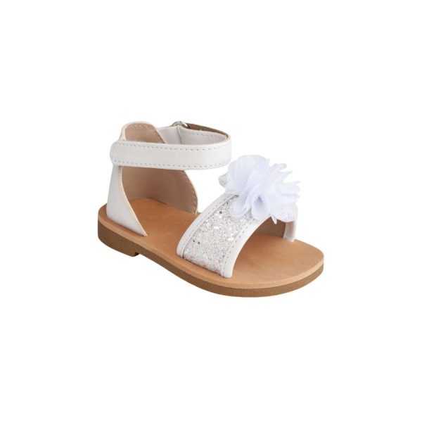 ALEXIS Toddler White/Silver Ankle Strap Glitter Sandal with Sheer Flower