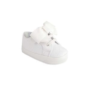 Angel Infant White Eyelet Sneaker with Elastic Hook-and-Loop Strap/Oversized Bow
