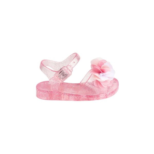 <span>CLARICE </span> Toddler Pink Glitter Jelly Sandal w/White/Pink Sheer Flowers - Image 2