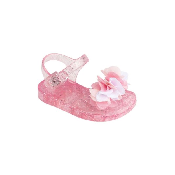 CLARICE Toddler Pink Glitter Jelly Sandal w/White/Pink Sheer Flowers