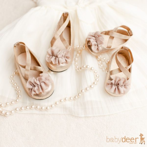 <span>Ellen</span> Infant Champagne Shimmer Criss Cross Strap Skimmer w/Sheer Flower - Image 9
