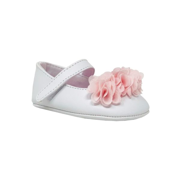 IRIS Infant White Mary Janes with Pink Chiffon Flowers