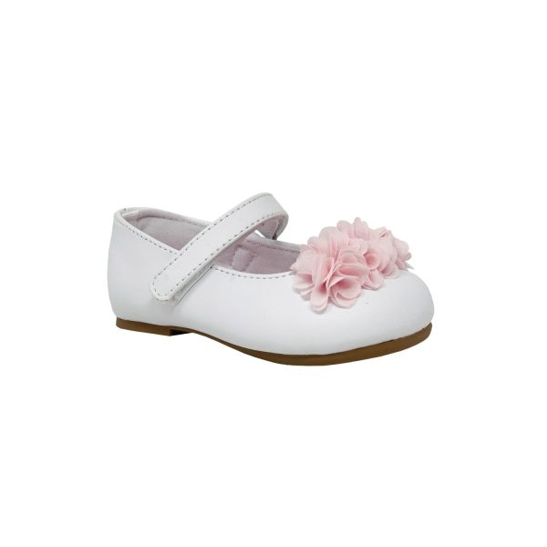 IRIS Toddler White Mary Janes with Pink Chiffon Flowers