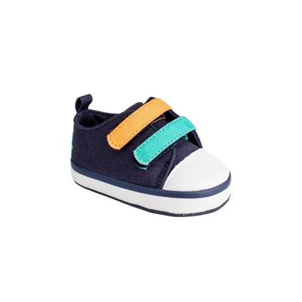 SHAWN Infant Navy Canvas Double Hook and Loop Sneaker with Dinosaur Embroidery