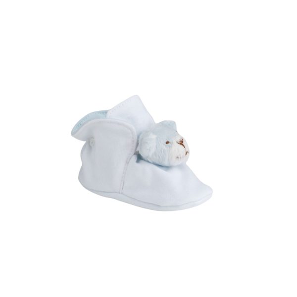 TEDDY Infant White Cotton Knit Bootie with Blue Bear Overlay