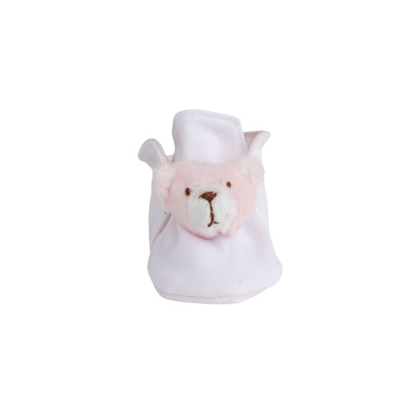 <span>TEDDY </span> Infant White Cotton Knit Bootie with Pink Bear Overlay - Image 4