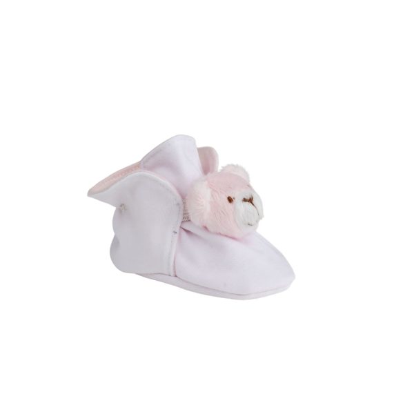 TEDDY Infant White Cotton Knit Bootie with Pink Bear Overlay